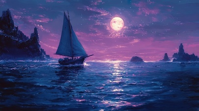 紫色圆月夜空海上帆船