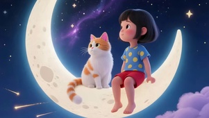 月亮上的女孩和猫咪