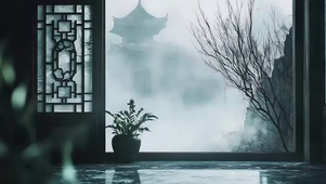 云雾缭绕传统庭院风景