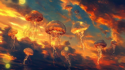 梦幻黄昏落日云层水母