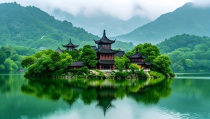 绿色护眼自然山水亭子