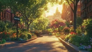 城市中心花园黄昏街景