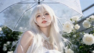 白玫瑰丛中的清纯白发美少女