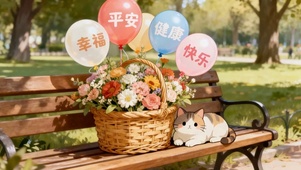 长椅上的猫咪气球