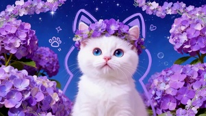 绣球花丛中的小白猫