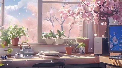 护眼窗外樱花树木带鱼屏