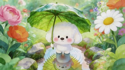 雨天花丛中小狗