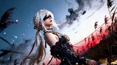 彩色水墨黄昏芦苇丛红线白发少女