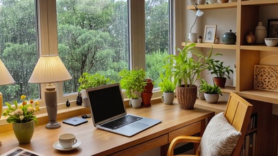 【雨景】窗前的办公台