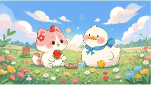 小清新猫猫鸭鸭一起吃草莓呀