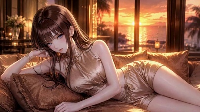 落日海岸慵懒美少女