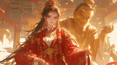 财神红色汉服美女动漫