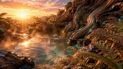 落日暖光林间溪流治愈风景