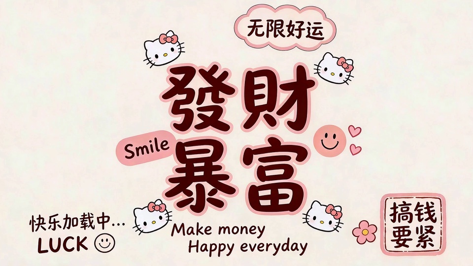 浅米杏底色的卡通文字壁纸，中心为发财暴富大字，四周分布带粉蝴蝶结的小白猫装饰。