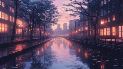 晚霞城市雨夜静谧河岸