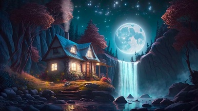 梦幻月夜瀑布小屋