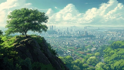 山顶绿树俯瞰城市风景