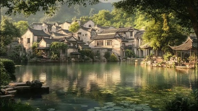 落日古城唯美湖畔风景