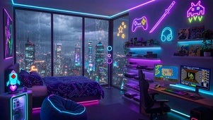 科幻霓虹城市雨夜房间