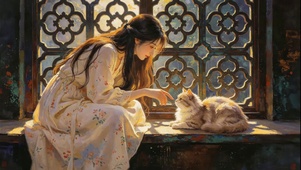 逗猫的美少女