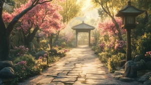 朦胧春日樱花绿树公园