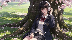 樱花树下耳机女孩