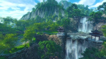 唯美国风瀑布翠竹