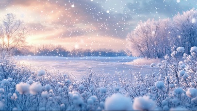 冬日飘雪白色湖畔