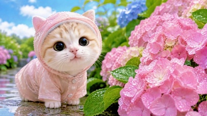 绣球花下的雨衣猫猫