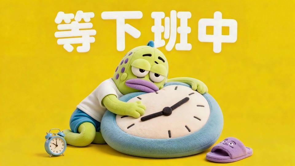 抱着时钟抱枕的绿皮毛绒玩偶，旁侧摆放小闹钟与紫色拖鞋。