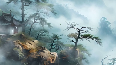 古风山景房屋树木带鱼屏