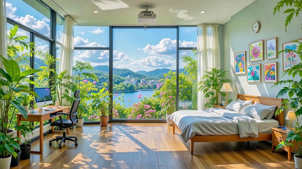 原木风卧室兼工作室内景，窗边摆放多盆绿植，落地窗外可见蓝色湖面、青山与蓝天白云，室内有原木双人床、书桌与黑色滚轮办公椅。