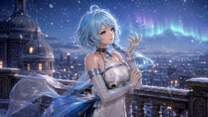 雪景极光蓝发二次元美少女