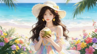 夏日海边鲜花少女