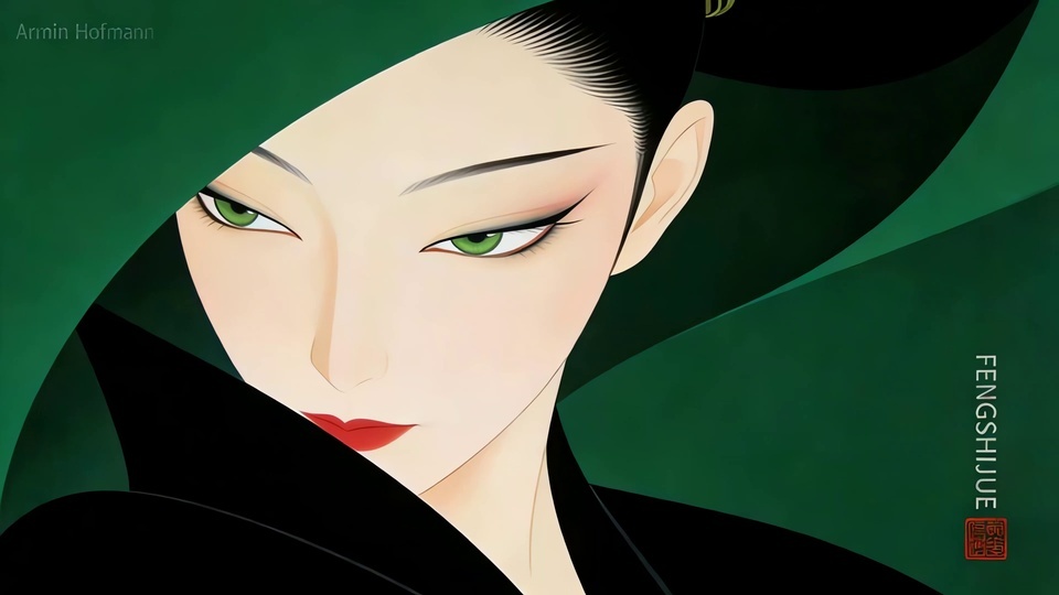 绿眼束发女性扁平风插画背景为深绿色色块