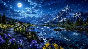 静谧月夜星空湖畔美景