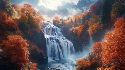 秋日云雾山谷瀑布