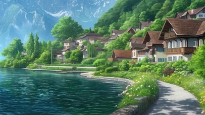 护眼白云树木河流带鱼屏