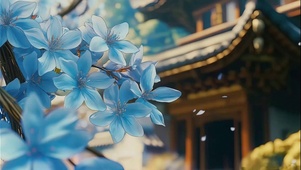 古城建筑唯美蓝色花朵