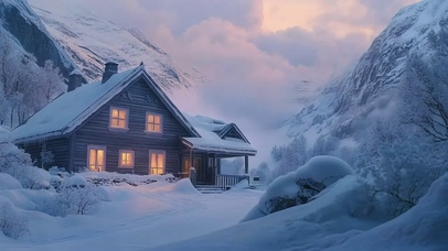 冬日白雪山谷温馨小屋