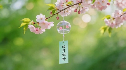 唯美樱花树枝铃铛四月你好