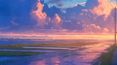 晚霞湖面带鱼屏