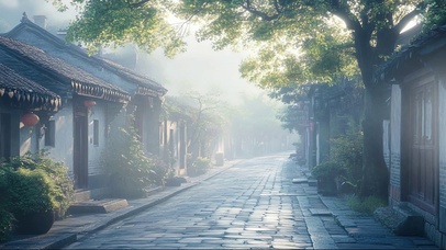 朦胧春日清晨薄雾古城