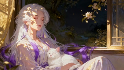 花影窗边白发少女和猫