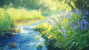 绿色山间溪流树林野花