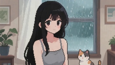 像素风少女和猫咪