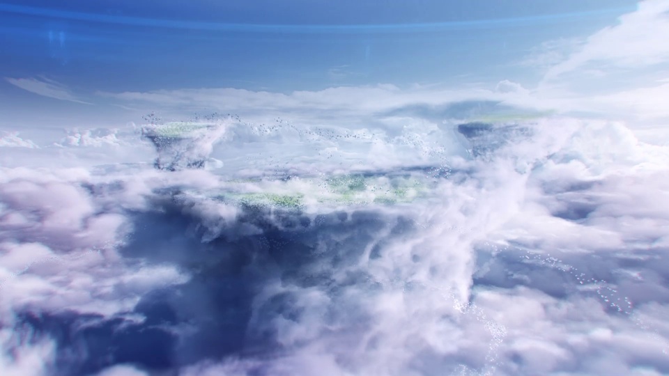 云雾缭绕的高空场景里，几处长着青草的浮空岩台浮在蓬松云团之上，蓝调澄澈天空铺满画面上部。
