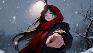 冬夜雪中红围巾美少女