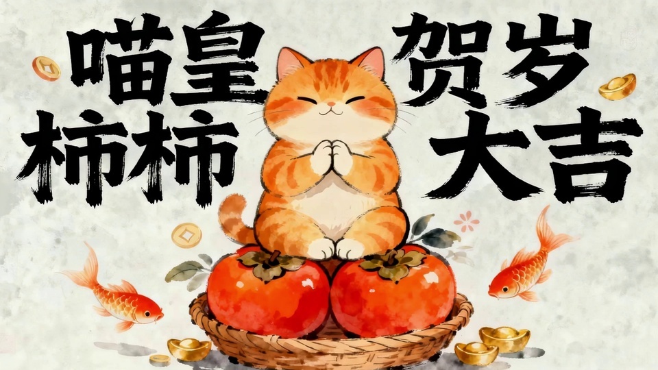 虎斑短毛猫端坐柿篮上，旁衬锦鲤金元宝的国风新年插画