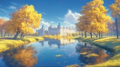 秋日宏伟庄园建筑倒影